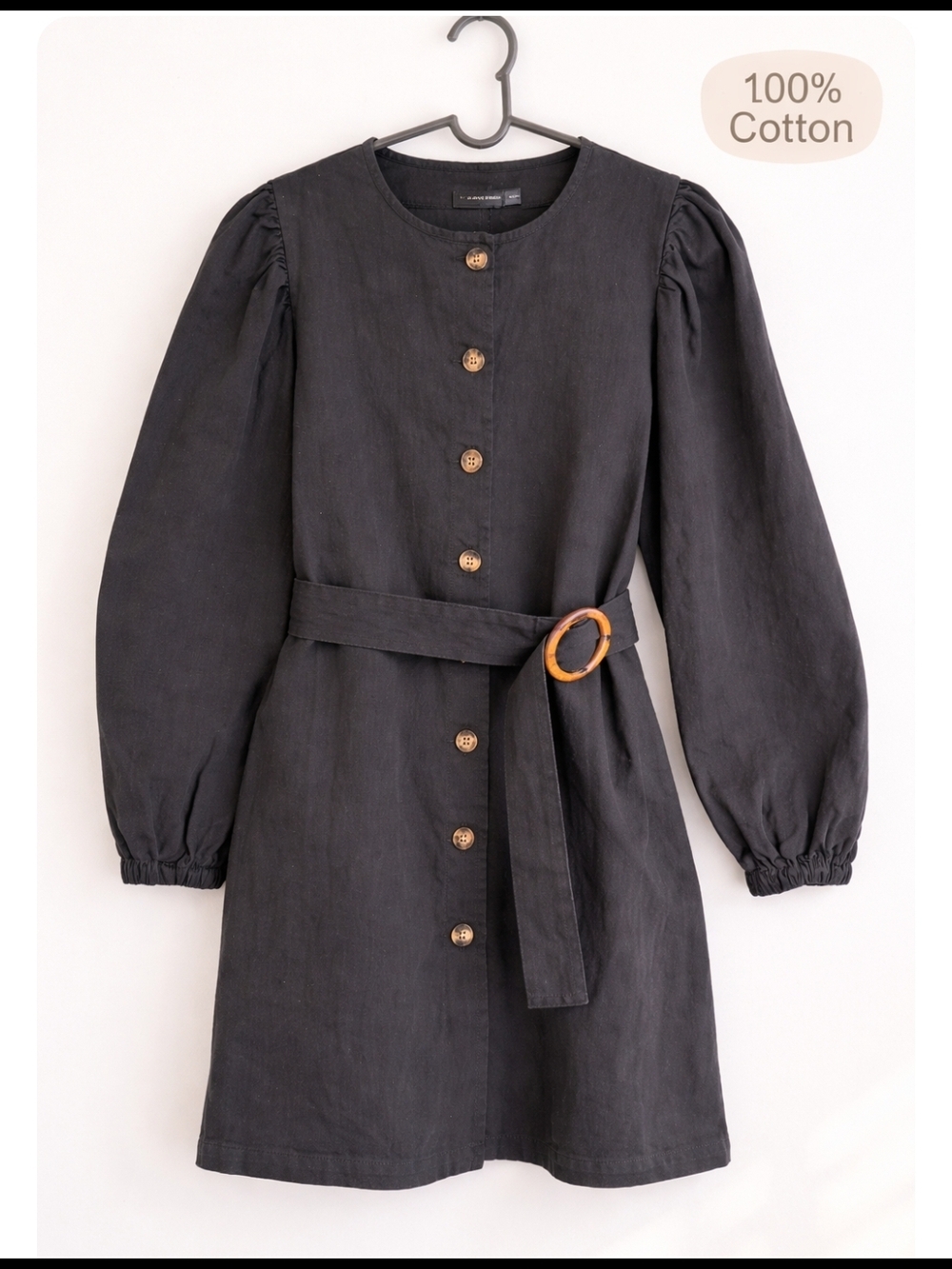 PrettyLittleThing Black Cotton Button Front Puff Sleeve Belted Dress size 4